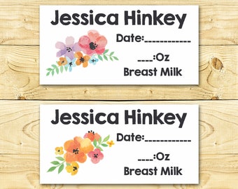 Dishwasher-Safe Removable Baby Bottle Labels - Personalized breast milk daily date labels for daycare -  Watercolor Flowers 02