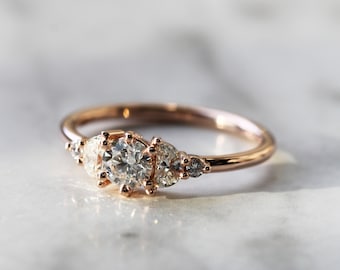 Solitaire ring + half moon diamonds - 14k Rose gold - Promise ring - Moon phase ring