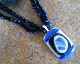 Blue Fused Glass Pendant, Crochet Beaded Necklace, Purple Black Handmade Jewelry, Modern Pendant