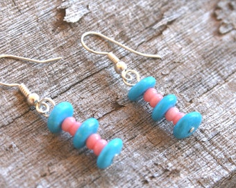 Turquoise Stone Coral Sterling Silver Earrings , Southwest Turquoise Blue Pink Coral Drop Earrings , Arizona Handmade Jewelry , Western