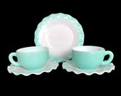 Vintage Hazel Atlas Cups and Saucer Set, Blue Crinoline Pattern, Ruffled Edge, Milk Glass, Set of 2, Matching Dessert Plate, Ripple Blue