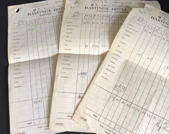 Vintage 1950s Hotel Bills, Barbados, Handwritten Paper Bills, Itemized 1959 Hastings Hotel Stay, Ephemera, Junk Journaling, Scrapbooking