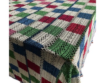 Vintage Tablecloth, Rayon Crochet Farmhouse Kitchen Decor, Country Home, Handmade Table Cover