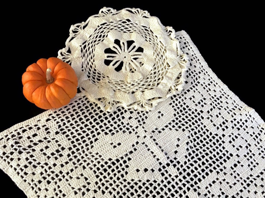 Vintage Crochet Doilies Filet Crochet With Butterfly and Round Doily Handmade Light Yellow