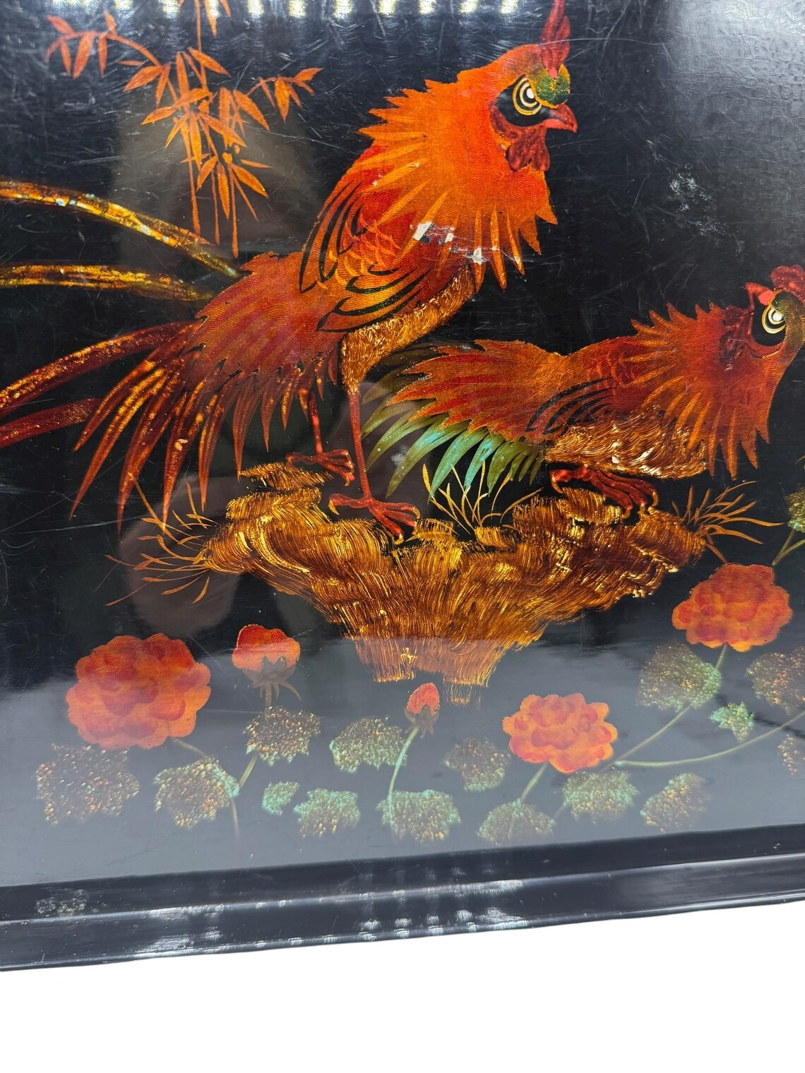 Rooster Inlay Vintage Japanese Inlay Lacquer Tray, Black With Bright Roosters ...