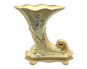 Vintage Ceramic Cornucopia Vase, Beige with Flowers and Gold Trim, Pedestal Flower Vase, Vintage Home Decor, Grandmacore Planter