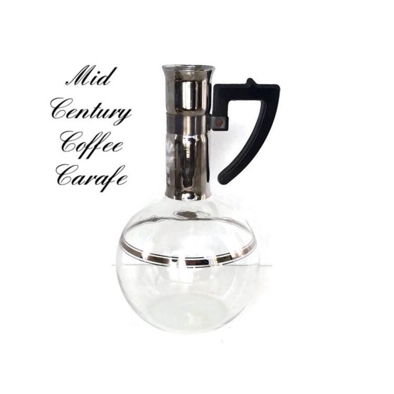 Mid Century Coffee Carafe Glass Silver Bands Black Plastic Handle Retro Kitchen Pot Vintage