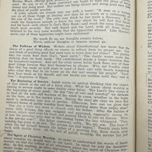 May include: A black and white page from a book with text about public worship and the importance of service. The text includes quotes from Isaiah and Augustine of Hippo.