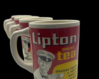 Vintage 1970s Lipton Tea Handle Mug Set of Four, Advertising Mugs, Kitchen Ceramic Coffee Mugs, Gift Set