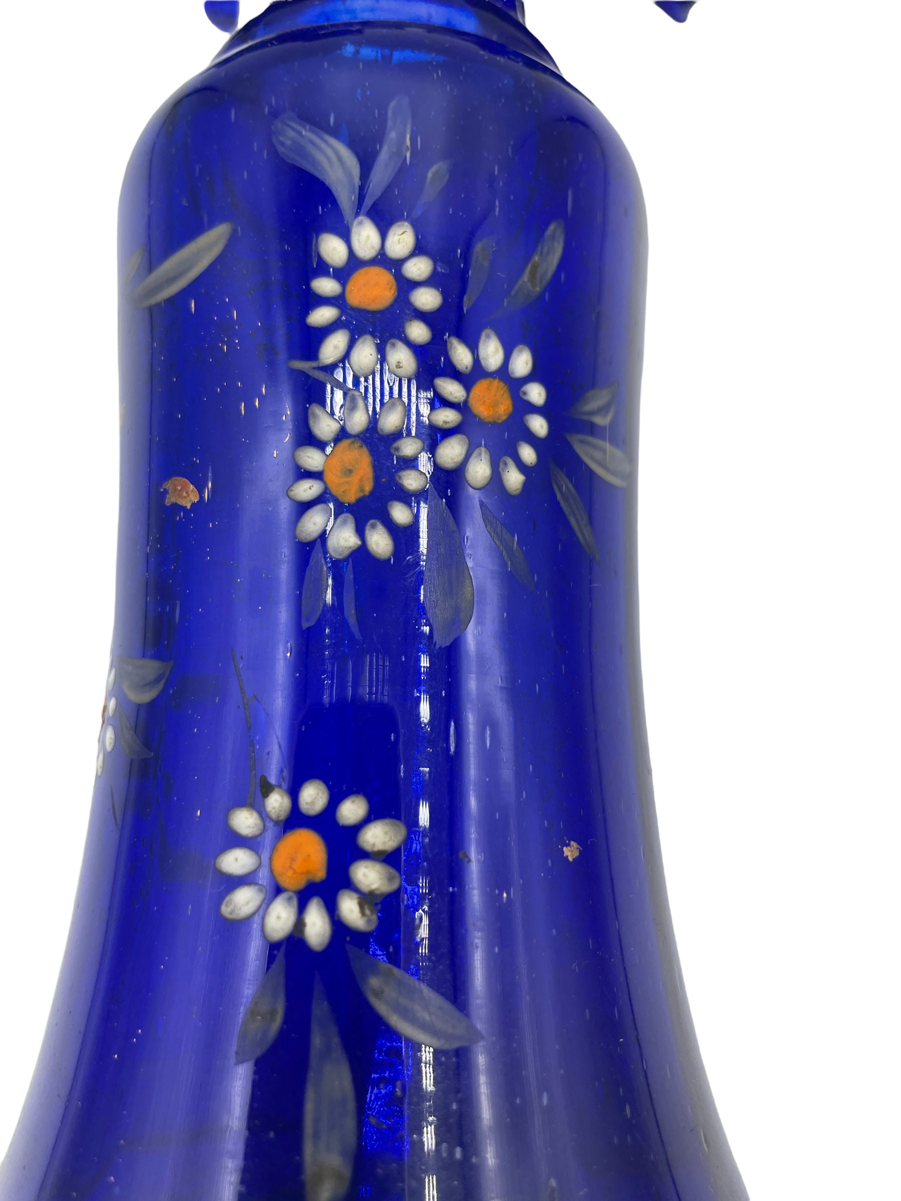 ヴィンテージ コバルトブルー ガラス花瓶：手描きの花、フリルの縁
