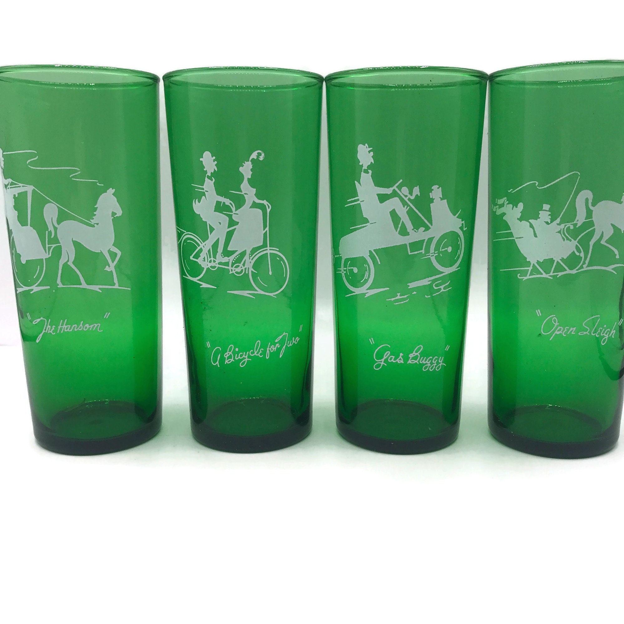 Juice Mid-Century Anchor Hocking Forest Green Tumbler Set with Vintage Vehicles Barware Water Glasses Highball Set of 4