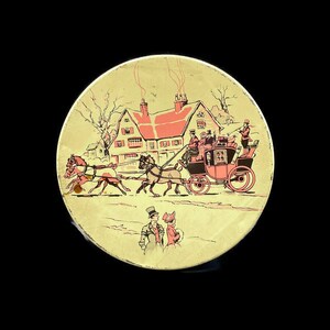 Vintage Tin Box with a Victorian Horse and Carriage Scene, Fruitcake Tin, Round Tin Storage Container, Horse and Carriage, Old Fashion