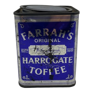 Vintage English Tin Candy Box, Farrah&#39;s Harrogate Toffee, Blue and Silver, Lidded Storage Container, Small Square, Shabby Decor