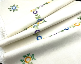 Mantel de lino bordado vintage: dobladillo con flecos florales, 30 x 30