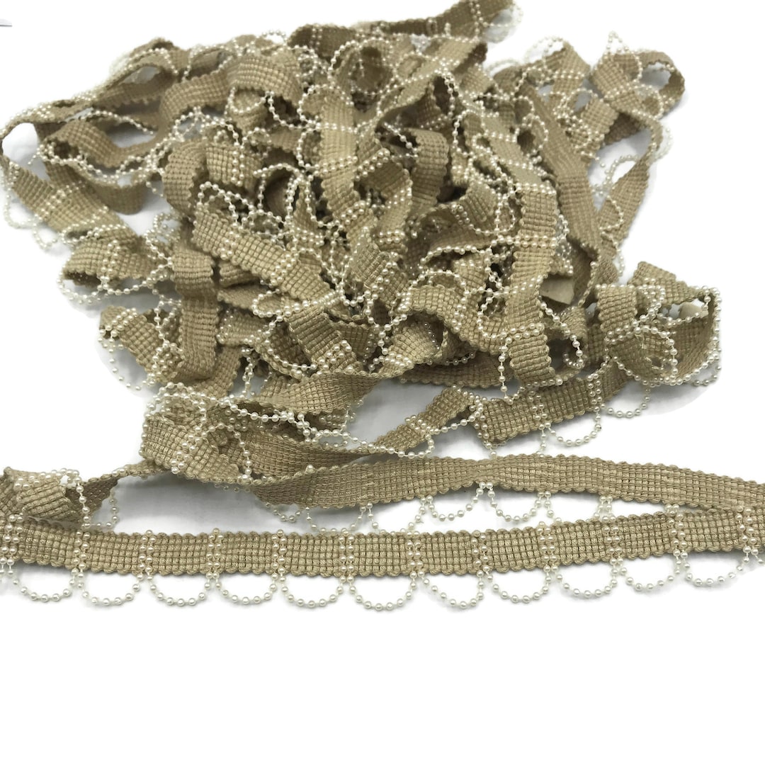 Vintage Sewing Notions Beaded Trim Beige With White Pearls Etsy
