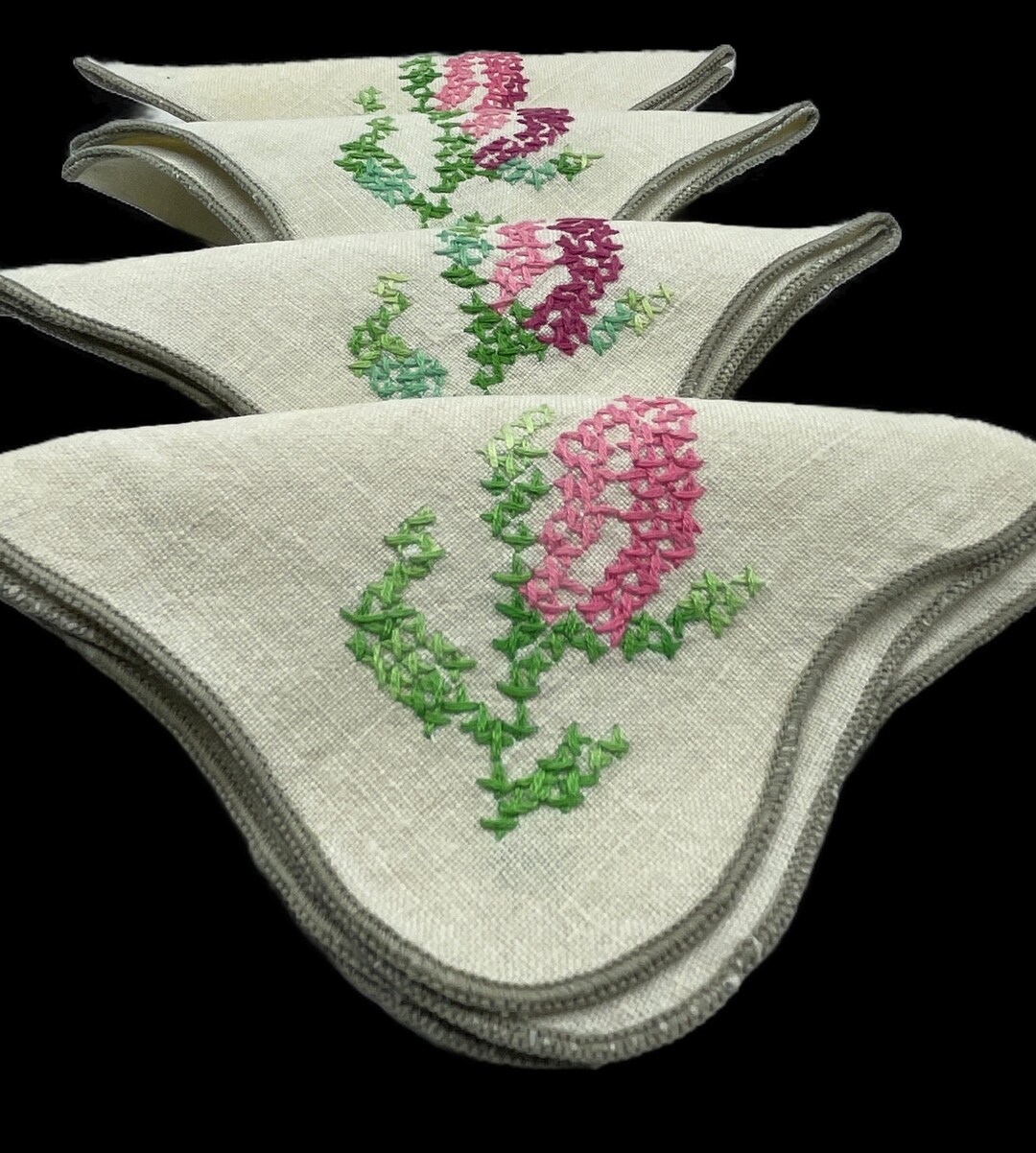 Vintage Linen Luncheon Napkins, Pink Rosebud Cross Stitch Embroidery