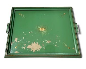 Art Deco Handled Serving Tray, Green with Gold Star Design Under Glass, Metal Handles, Rectangular, Shabby Chic, Vintage Home Decor