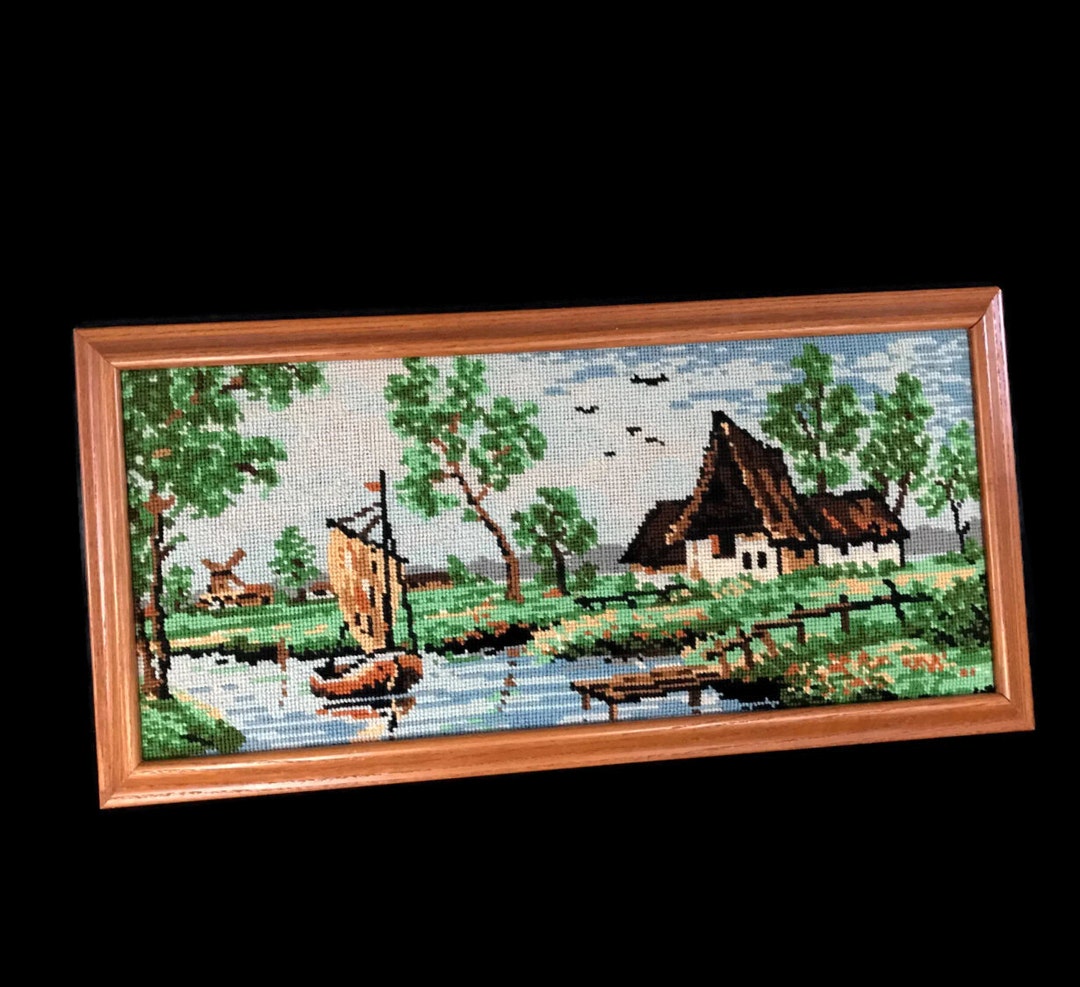 Vintage Needlepoint Wood Framed Country Cottage Waterside Scene With ...