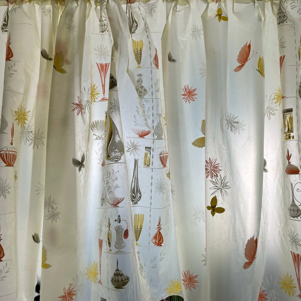 Retro Plastic Camper Curtain, 1960s 1970s Kitchen Bathroom Rod Pocket Curtain with Mid Century Design, Yellow Brown Orange, Glamping