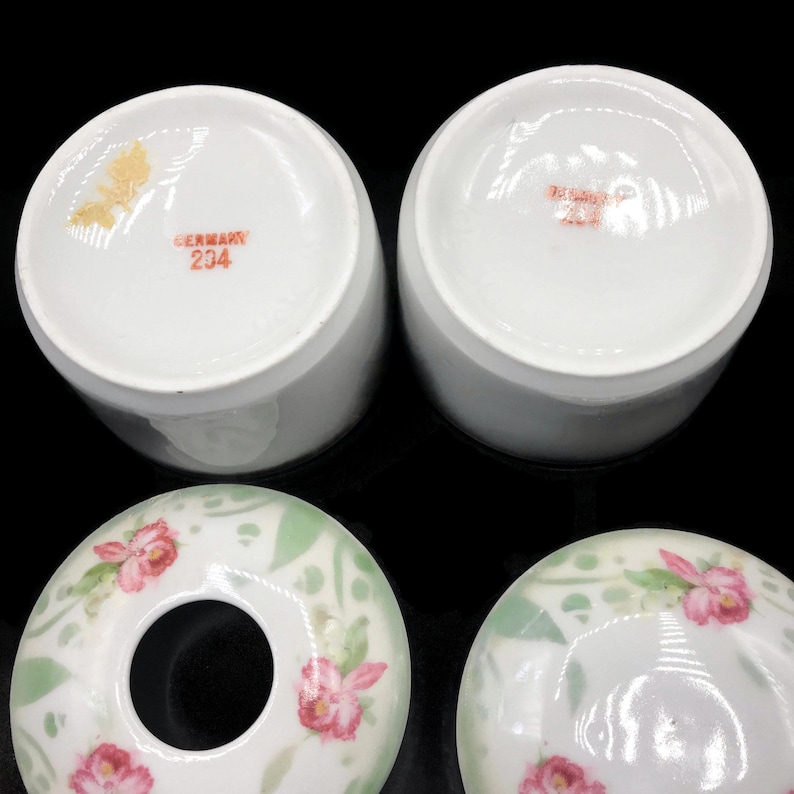 Pink Irises Hair Saver Antique German Porcelain Hair Receiver and Lidded China Box Set Bath Decor Handpainted Flowers Vanity Jars