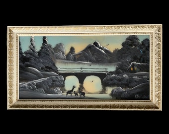 Vintage 1940s 1950s Wall Art, Landscape with Deer, Painting on Glass, Large Rectangular Artwork, White and Gold Wood Frame, Ready To Hang