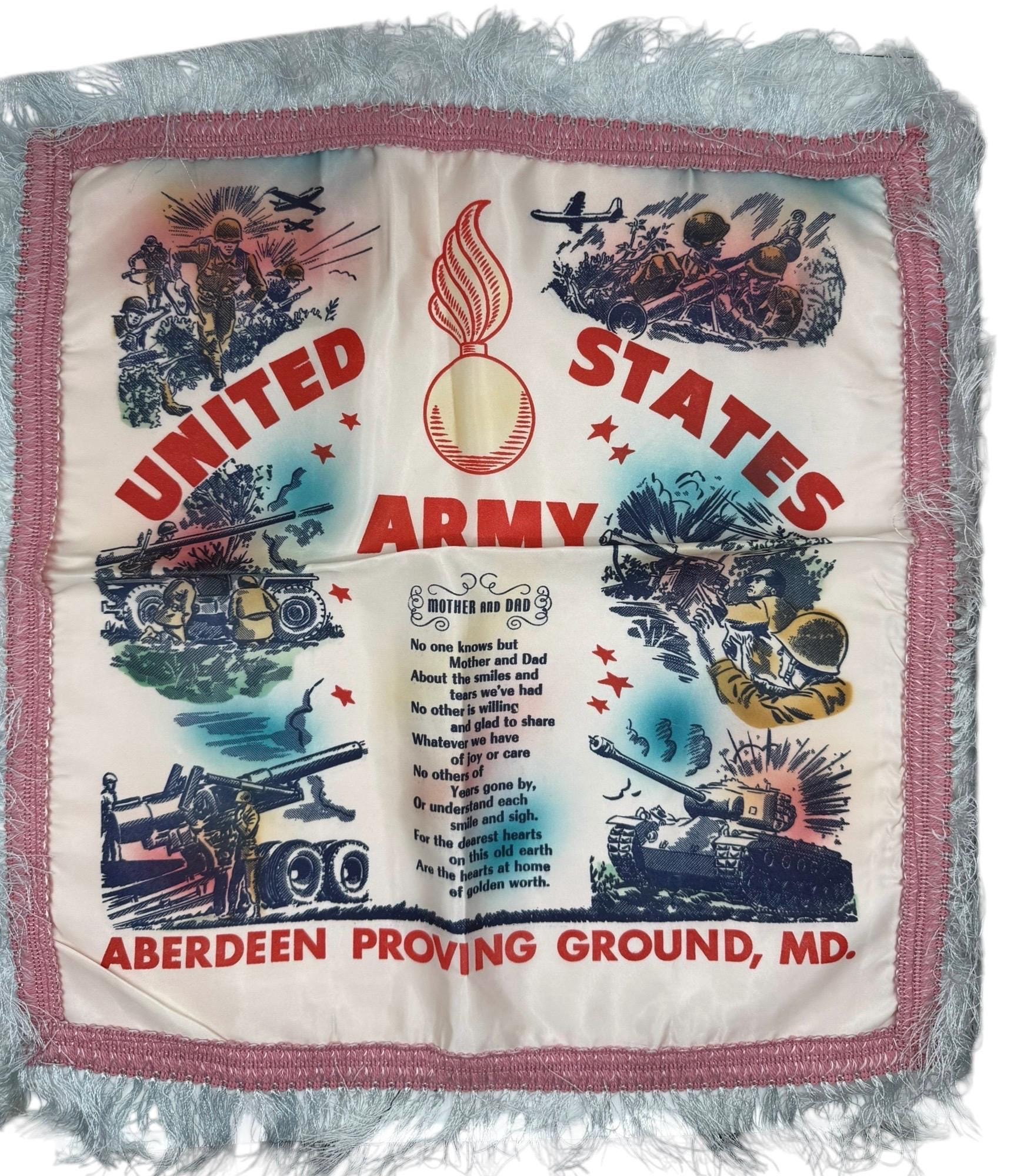 Vintage U.S. Army Pillow Cover, Military Souvenir, Fringe Pillow