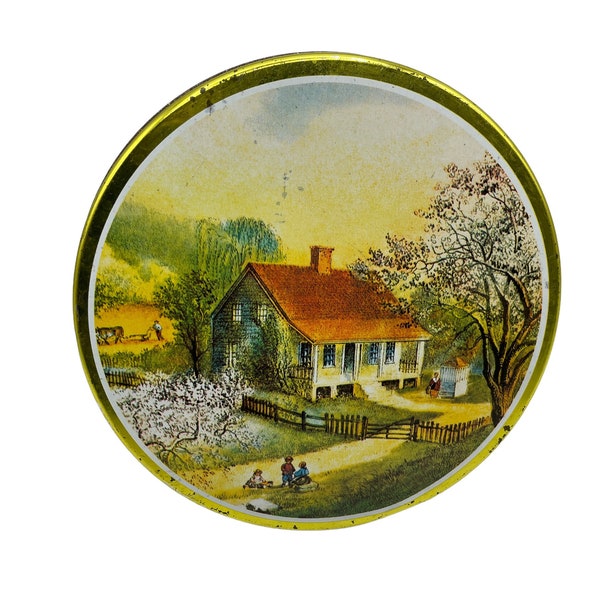 Vintage Tin Box, Currier and Ives, American Homestead Spring, Small Round Lidded Tin, Storage Container, Vintage Country Scene, Pastoral
