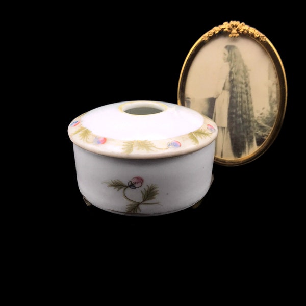 Antique 1920s Japanese Porcelain Hair Receiver, Imperial Nippon Era Lidded China Box, Handpaint, 100 Years Old, Vanity Jars Hair Saver