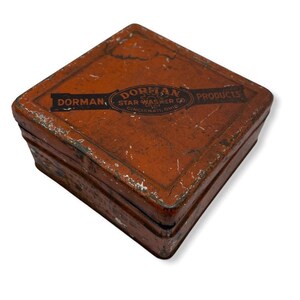 Vintage Tin Box, Dorman Products, Cincinatti Ohio, Shim Steel Washers, Garage Assortment Distressed Auto Parts Store, Orange Advertising Tin