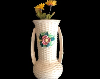 Vintage Floral Ceramic Wall Pocket: 1940s Japanese Home Decor