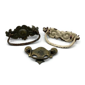 Antique Brass & Tin Drawer Pulls: Rustic Mismatched Handles, Set of 3