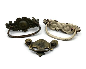 Antique Brass & Tin Drawer Pulls: Rustic Mismatched Handles, Set of 3