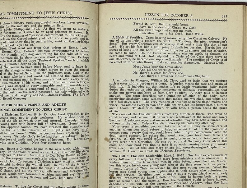 May include: A page from a vintage book with text about the importance of personal commitment to Jesus Christ. The text discusses the meaning of cross-bearing and the call to Christian leadership.