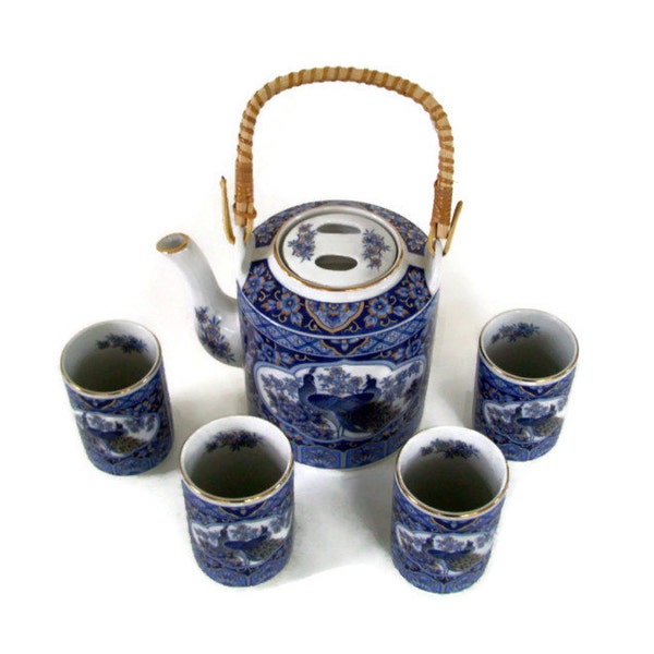 Vintage Arnart Imports Tea Set, Imperial Peacock, Teapot and Four Cups, Royal Blue and Gold, Excellent Condition-Pottery Teapot-Ceramic