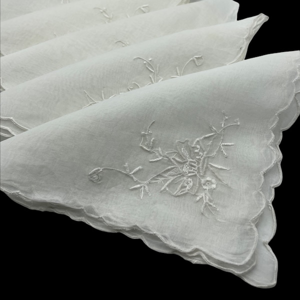 Vintage Sheer White Napkins with Embroidery, White on White Embroidered Table Linens, Set of Eight Large Cloth Napkins, Wedding, Cottagecore