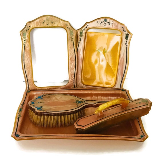Vintage Celluloid Dresser Set Peach Celluloid With Blue Etsy