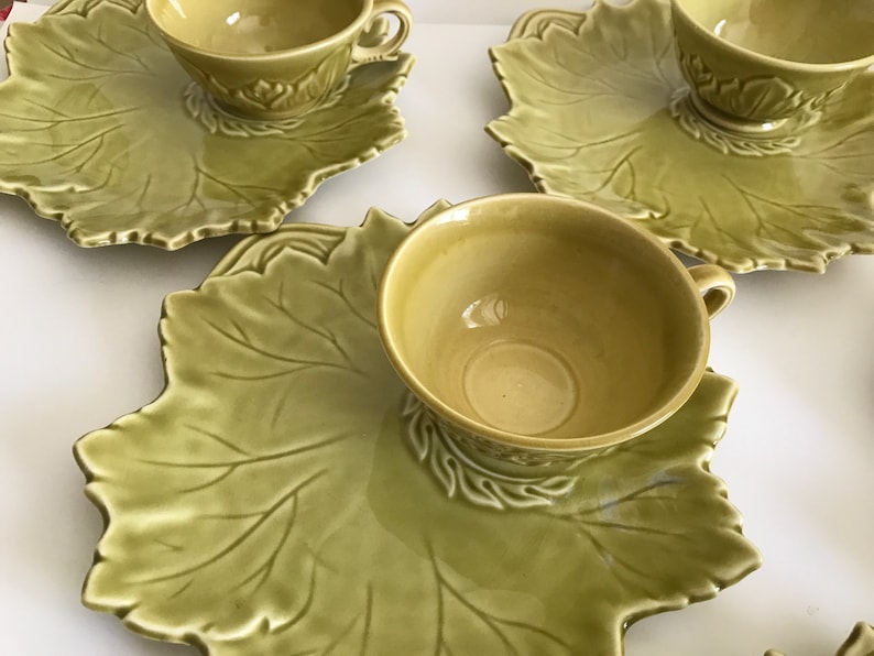 Vintage 16 Pc Woodfield Golden Fawn Chartreuse Tea Cups Set of 8 Tea and Toast Snack Set, 1940s Woodfield Steubenville Snack Plate Set