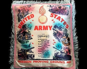 Vintage Army Pillow Cover, Military Souvenir, Mother and Dad Poem, Fringe Pillow, Aberdeen Maryland, US Army Pillow Case, Vintage Home Decor