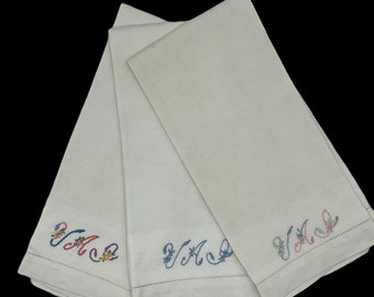 Vintage Monogrammed Tea Towel Set, Three Cotton Tea Towels with Emboidered "VAI", White with Pastel Hand Embroidery