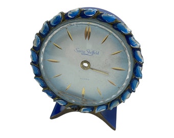 Vintage Swiss Alarm Clock, Suiza Sheffield, Small Blue Enamel Case, NON WORKING, Clock Parts or Repair, Old Clock Shelf Decor