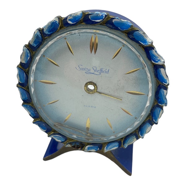 Vintage Swiss Alarm Clock, Suiza Sheffield, Small Blue Enamel Case, NON WORKING, Clock Parts or Repair, Old Clock Shelf Decor