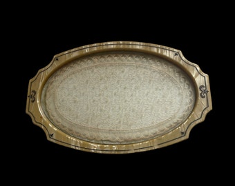 Vintage Celluloid Vanity Tray with a Glass and Tambout Lace Insert, 1920s 1930s Bathroom Dressing Table Decor, Yellow and Gray, Oval Shape