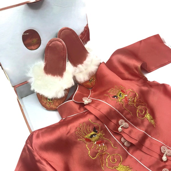 Vintage Childrens Chinese Kimono Gift Set, Jacket, Bottoms, Slippers, Embroidered Robe, Mandarin Collar, Gift Box, 5 Piece Set, Fabric Box