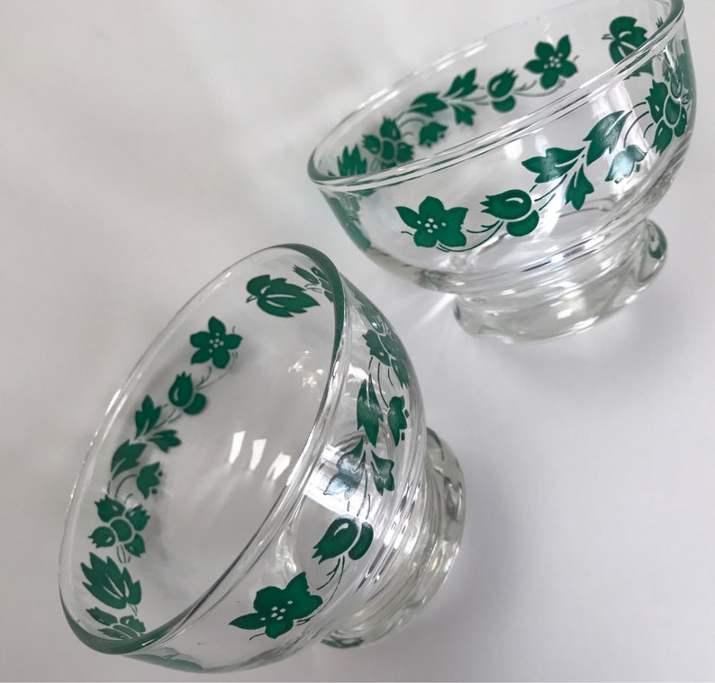 Vintage glass dessert dishes green floral decals footed etsy