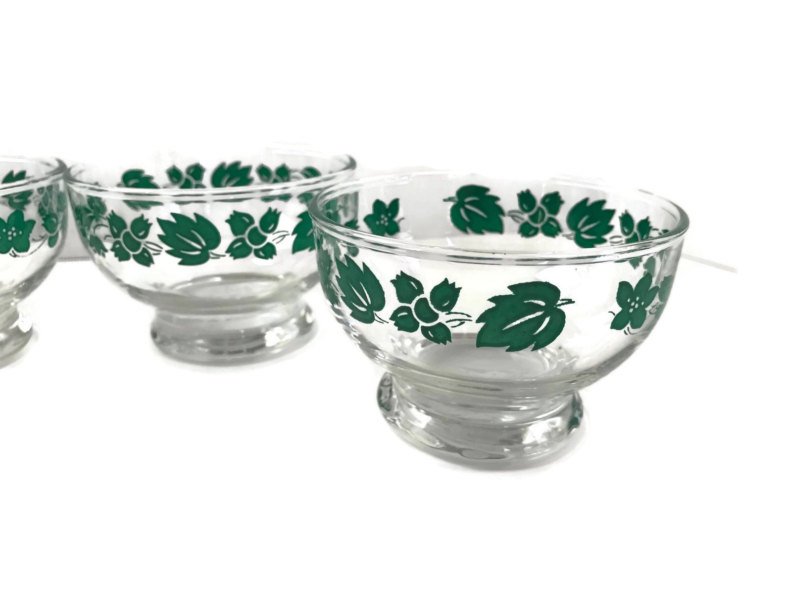 Vintage glass dessert dishes green floral decals footed etsy