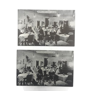 Vintage 1940er Jahre Schwarzweiß-Postkarten, Brown's Restaurant Interior, Luray Virginia, Kellnerin, Werbepostkarten, 40er Jahre Ephemera