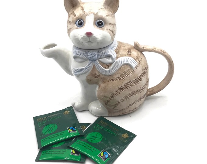 Vintage Ceramic Cat Teapot Kitten With a Blue Bow Novelty Etsy