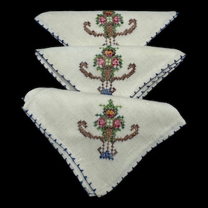 Vintage Linen Luncheon Napkins with Cross Stitch Embroidery, Set of Three Bridge Napkins, Hand Embroidered Flowers, Small Cloth Napkins