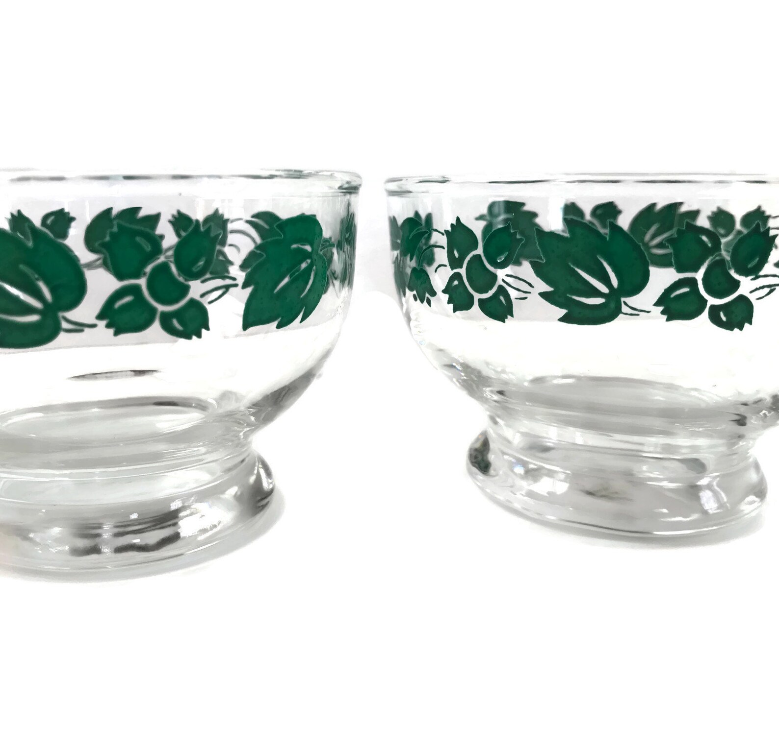 Vintage glass dessert dishes green floral decals footed etsy