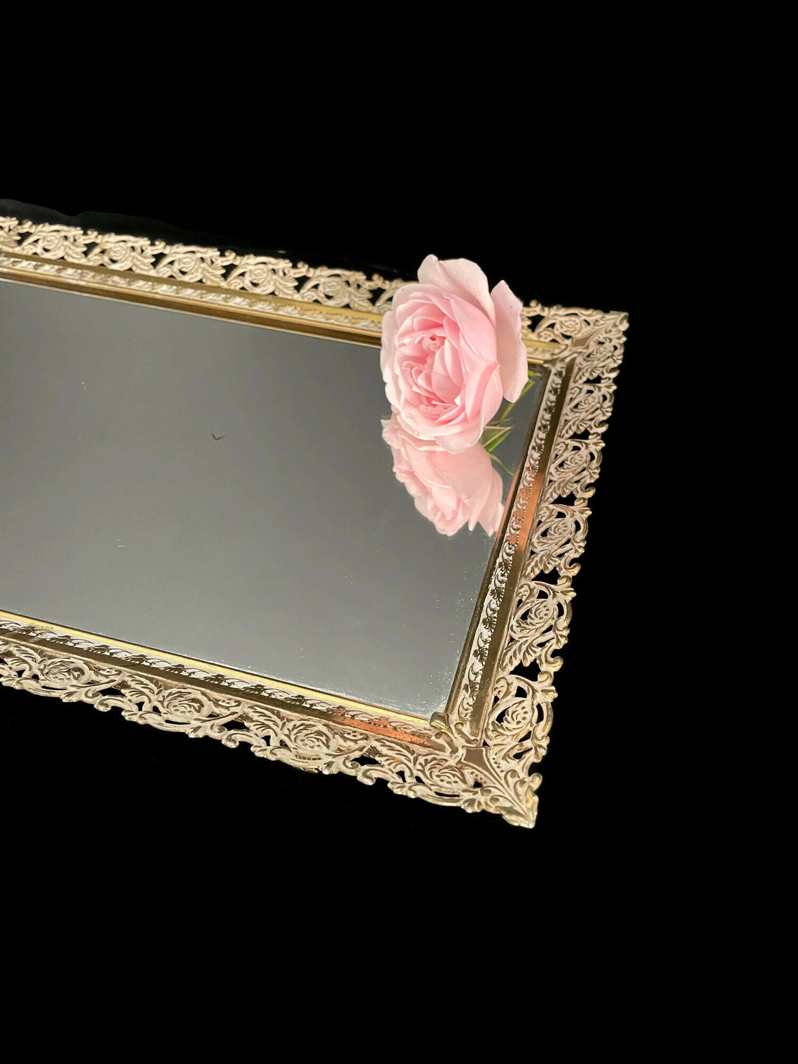 Vintage Mid Century Mirror Vanity Tray Rectangular Gold Tone Etsy